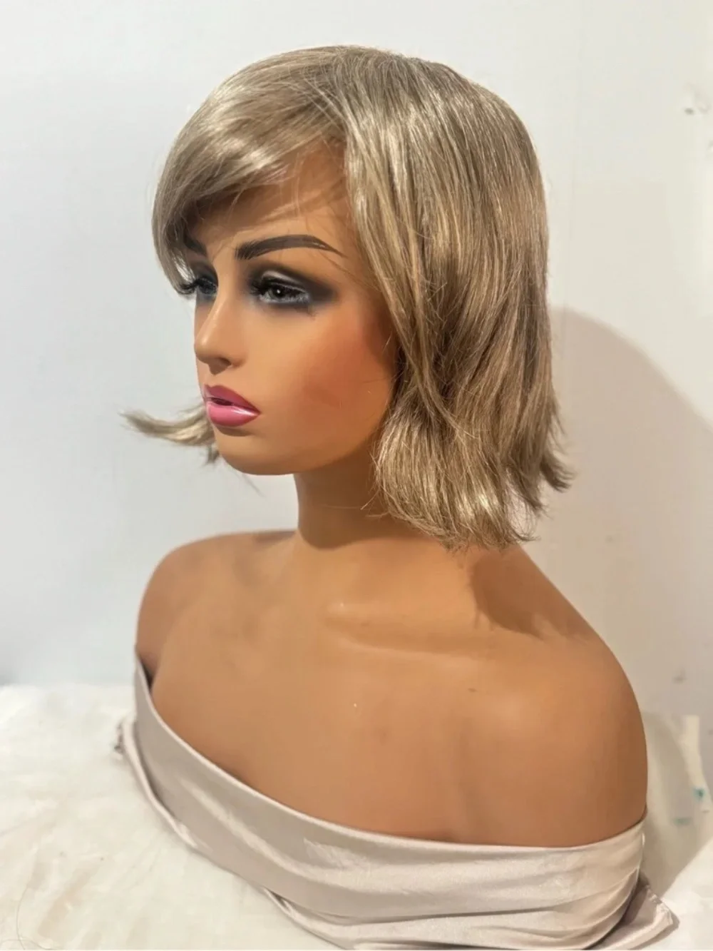 Short Layered Ash Blonde Modacrylic Wig with Side Swept Bangs